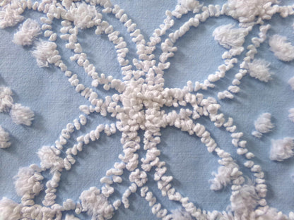 shabby beach chic vintage chenille fabric, 19" x 21" piece w/ snow white pops & links on sky blue cotton