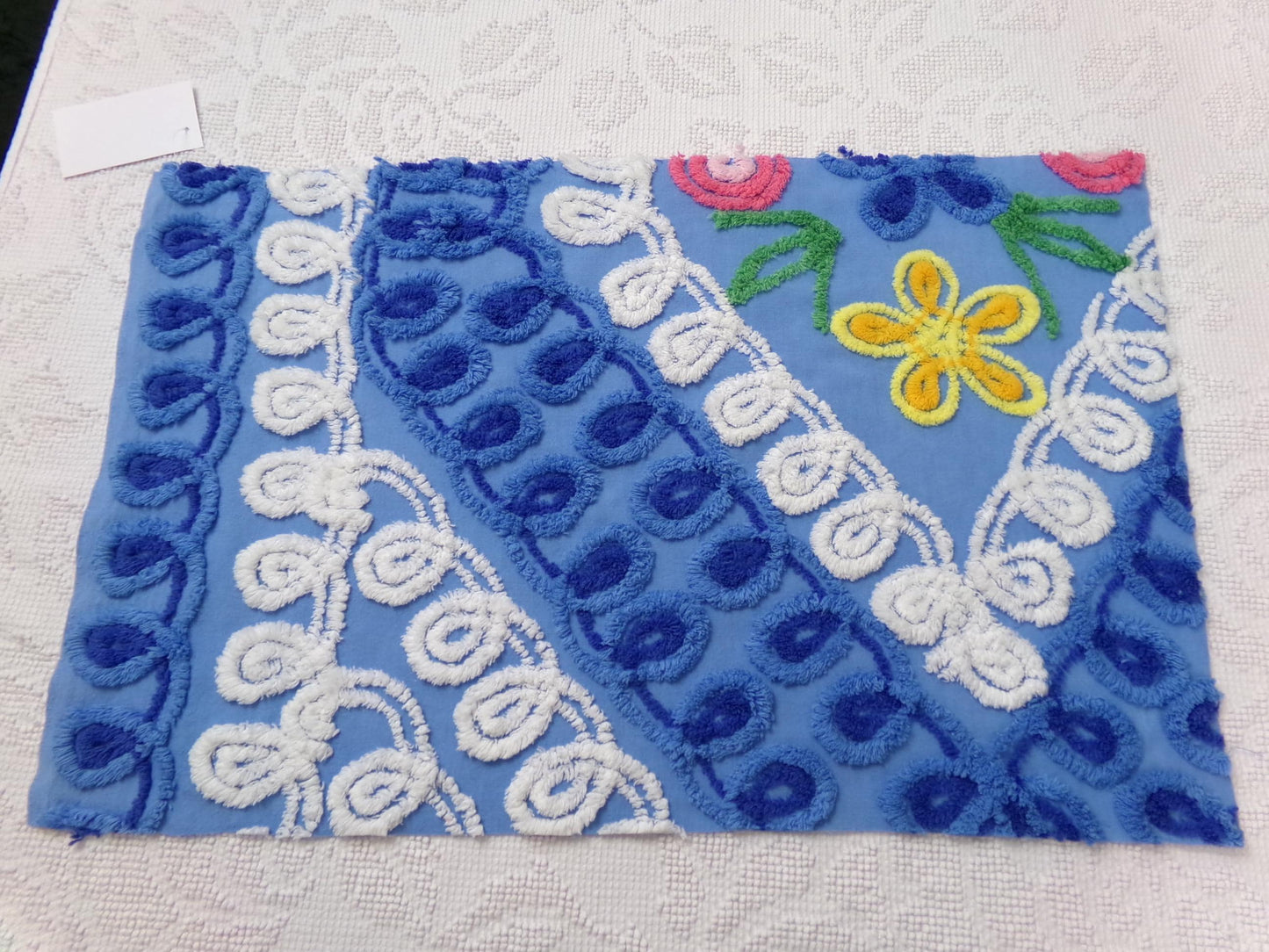 vintage shabby chenille bedspread fabric, abstract floral blue & white swirls, 14" x 22" piece