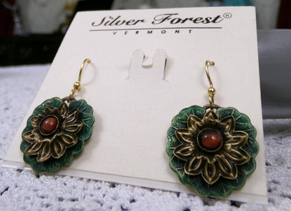 Bold Boho Dangle Earrings Handcrafted Vintage Silver Forest Layered Green Lotus, Center Bead
