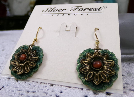 Bold Boho Dangle Earrings Handcrafted Vintage Silver Forest Layered Green Lotus, Center Bead