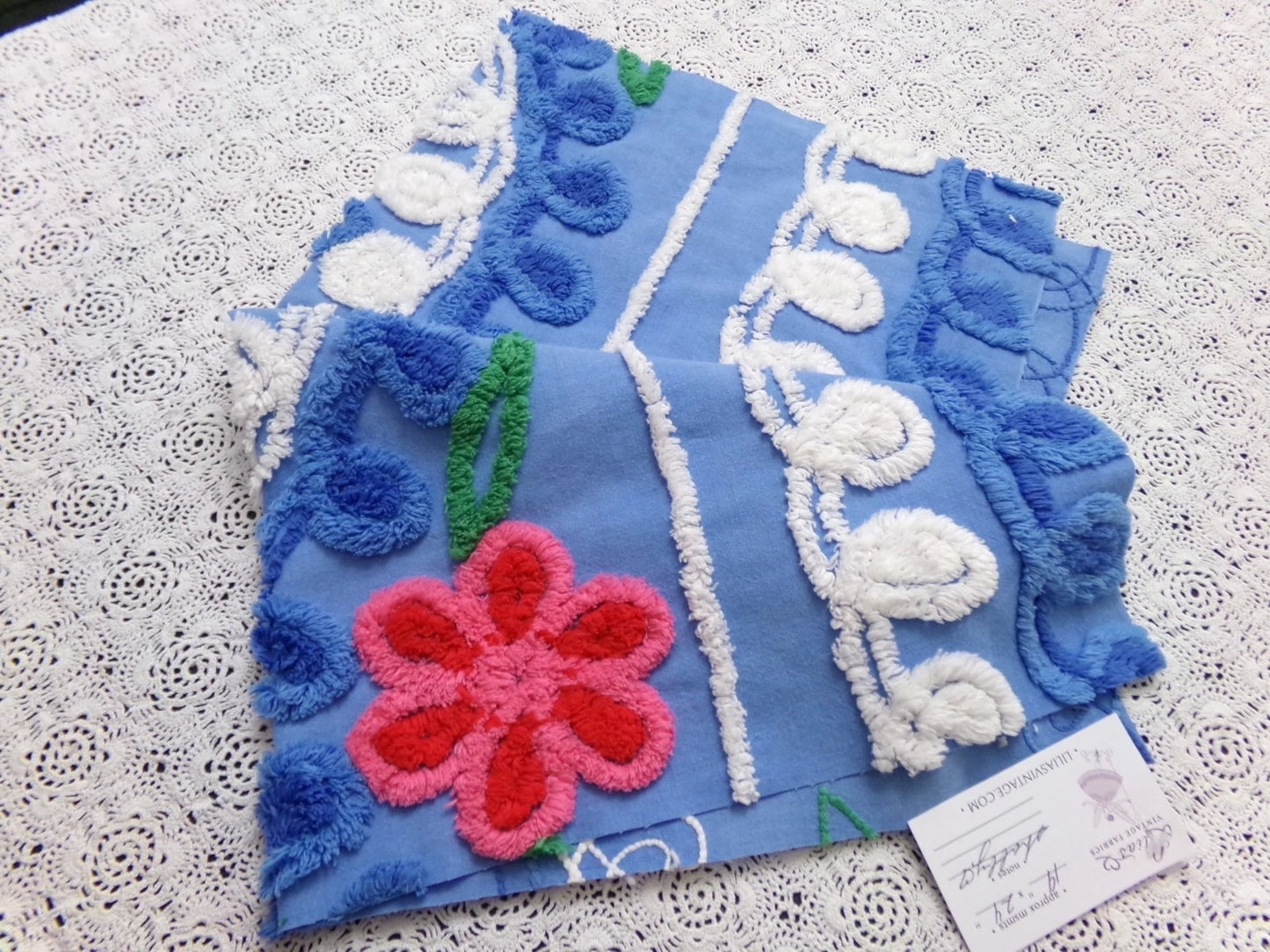 Colorful Blue Vtg Chenille Bedspread Fabric 19x24" Pc Floral Sewing Material