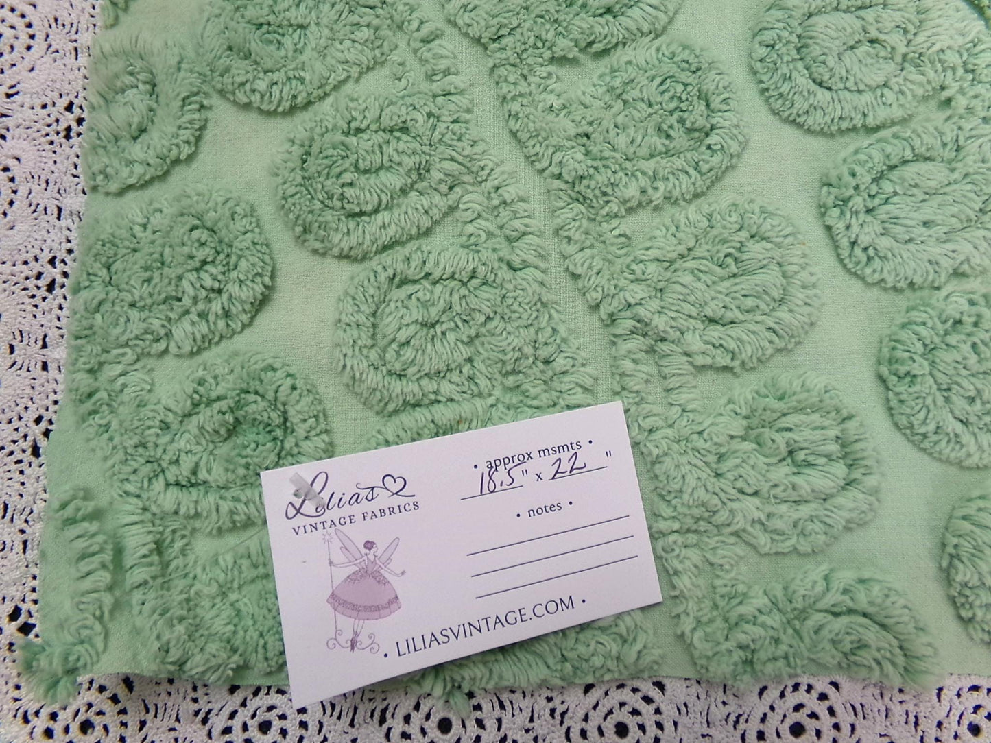 Mint Green Ice Cream Vintage Chenille Fabric 18.5X22" curlicue swirl pattern