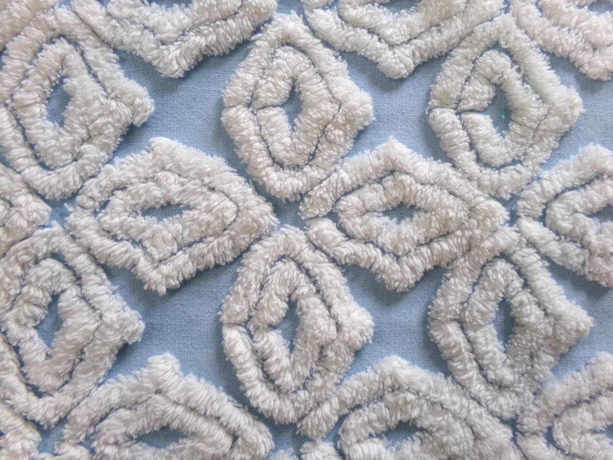 Blue & White Vintage Chenille Fabric, Plush Diamond Cross Design, 18x24" Piece