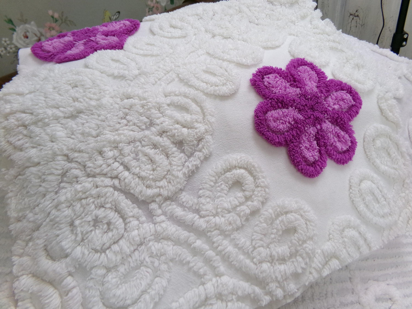 Violets in Snow Vintage Cotton Chenille Fabric - Plush Florals in White Curlicues, Quilt & Craft Material, 20" x 17" Piece