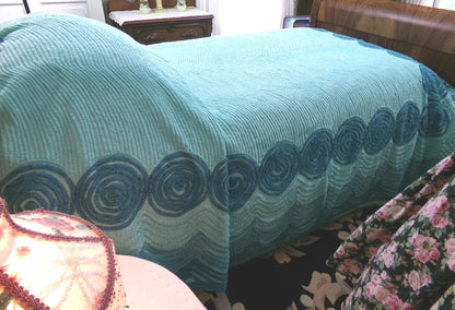 Vintage Chenille Bedspread Dramatic Swirling Waves, Full Size 100% Cotton Bedding