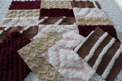 chocolate berry vintage chenille fabric squares, 16 quilt blocks, 6" inches ea, great shades of brown, merlot, mocha, white