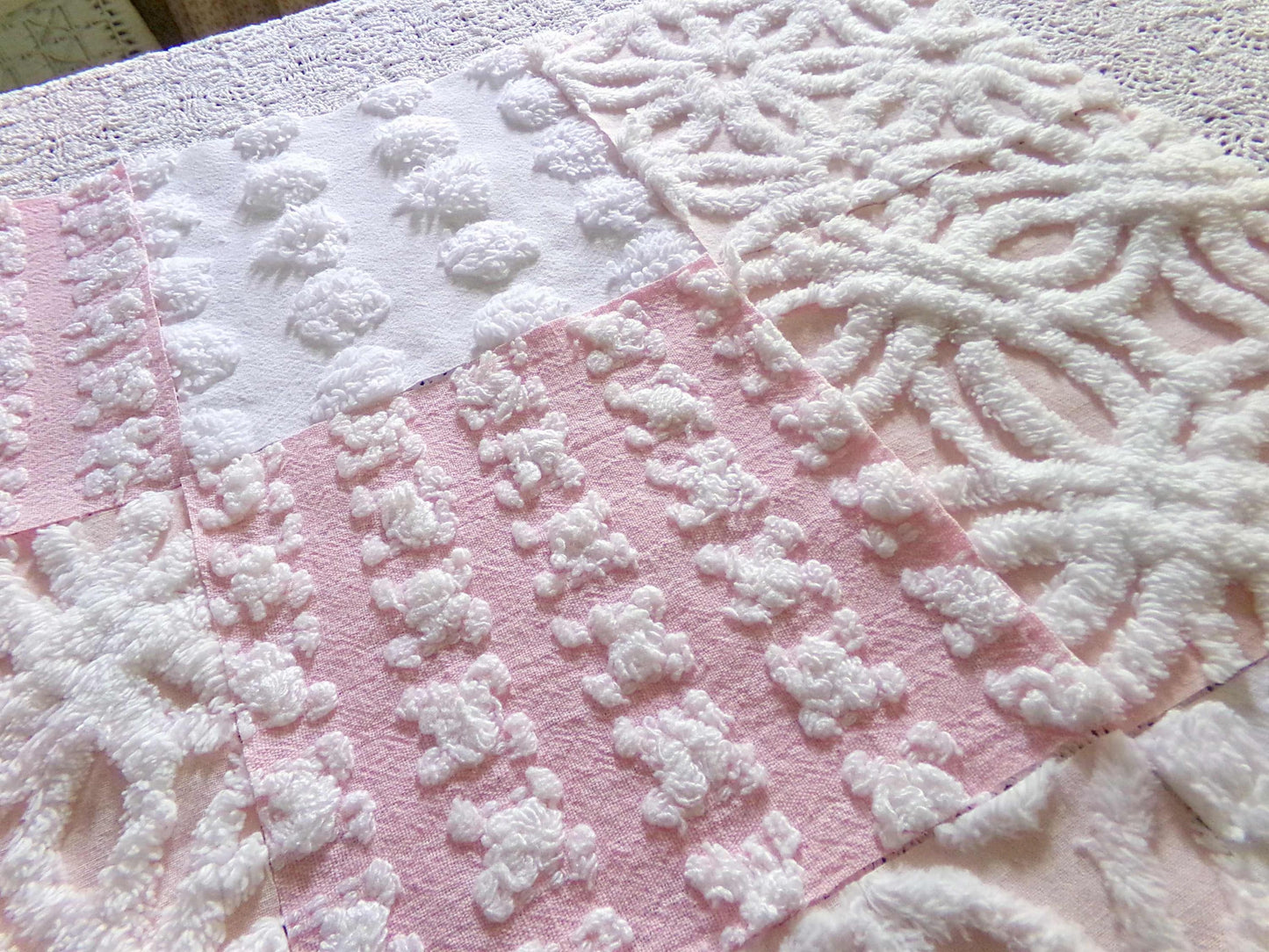 Pink Wink Quilt Squares Set from Vintage Chenille Bedspread Fabric, 16 Blocks, 6" x 6" inch