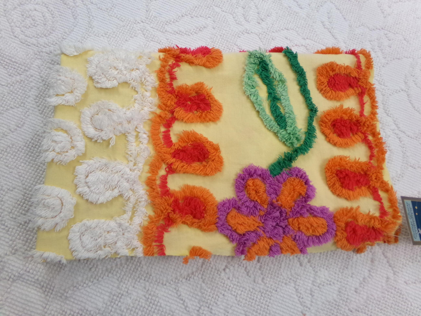 Sunny Side Up Yellow Vintage Chenille Fabric, tufted floral curlicue dots, piece sewing craft quilt material, 16" x 27"