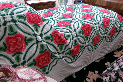 Shabby Rose Vintage Chenille Bedspread Tufted White Full Size 100% Cotton Bedding