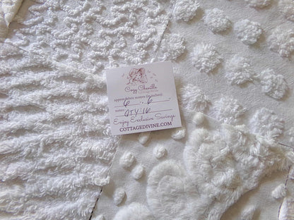 snow bunny vintage chenille fabric squares, 16 vintage white 6" quilt blocks w/ pops, squiggles, diamond lattice & swirls