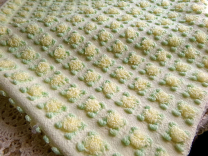 plump yellow rosebud vintage chenille fabric, cottage chic sewing & quilt material, 18" x 25"