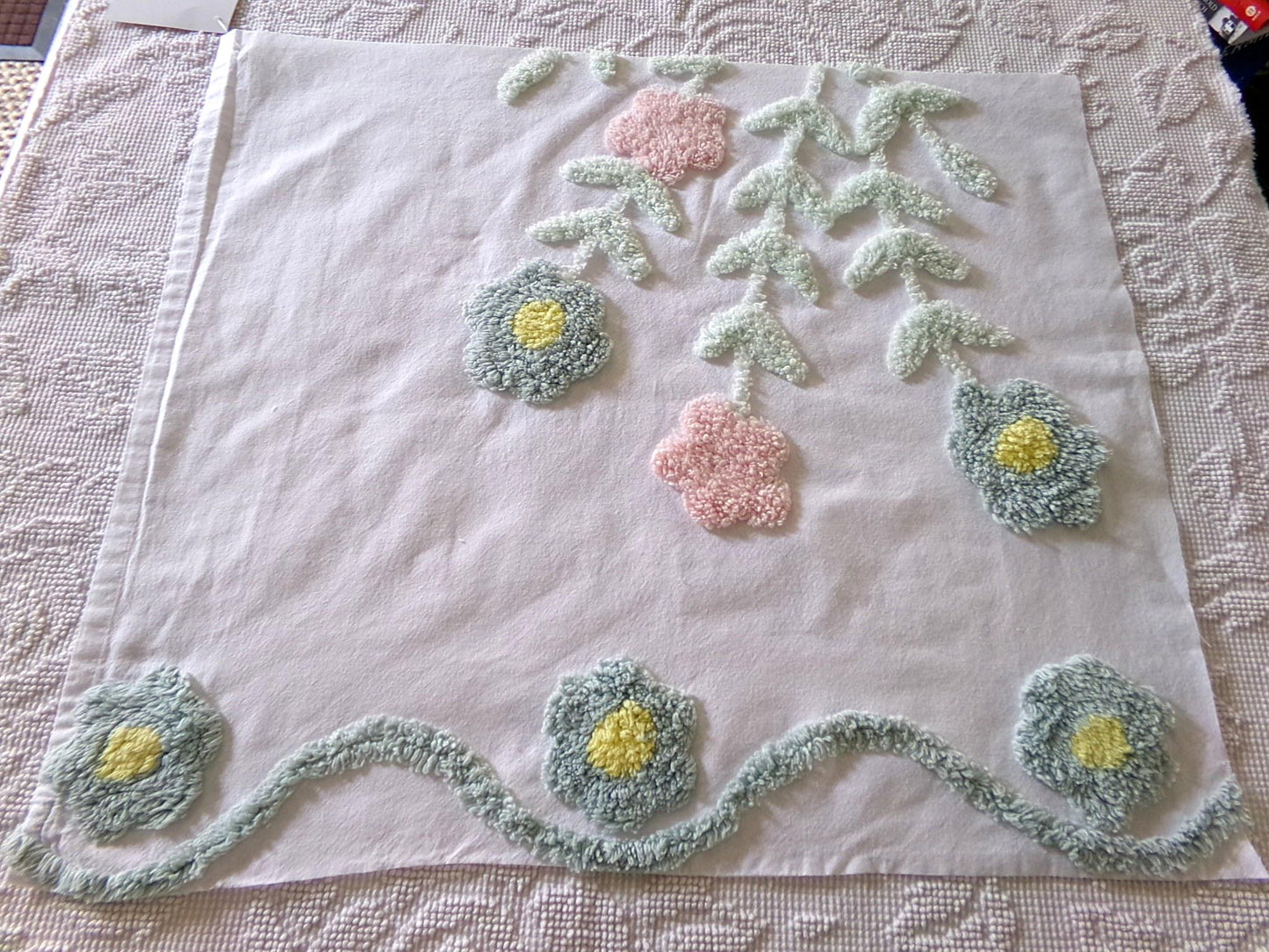 pastel floral tufted fabric, cut from a vintage style chenille bedspread, 20" x 23" piece
