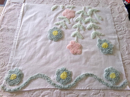 pastel floral tufted fabric, cut from a vintage style chenille bedspread, 20" x 23" piece