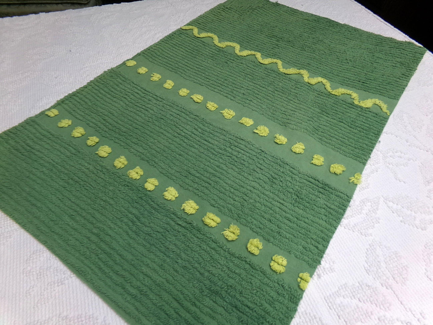 Goblin Green Vintage Chenille Bedspread Fabric Piece | Sewing Quilt Material 17" x 25"