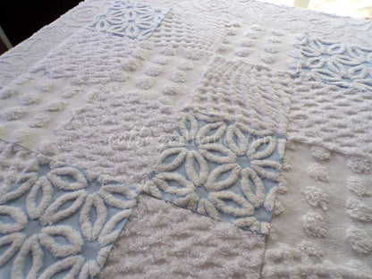 16 vintage chenille fabric squares: breezy blue & white 6" quilt blocks