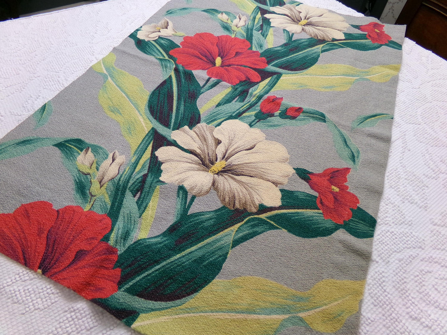 Hawaiian Barkcloth Vintage Fabric, Gray Tropical Red Hibiscus Floral Mid-Century 27" x 18"