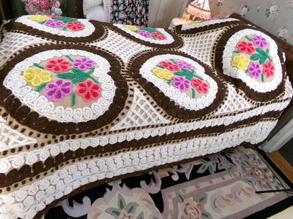 Vintage Chenille Bedspread, Rainbow Hearts Chocolate Brown, Full Size