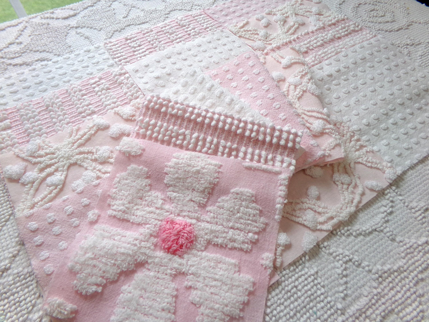peaceful pinks vintage 6" chenille fabric squares, set of 17 vintage cottage chic quilt blocks for quilting, sewing & crafts