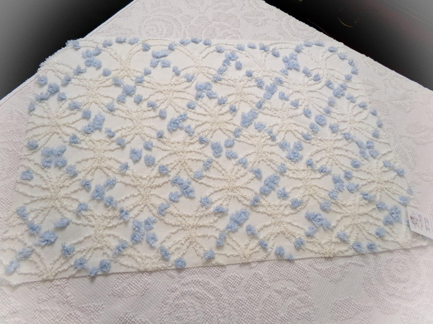 Coastal Style Vintage Chenille Bedspread Fabric, Delicate Wedding Rings & Sky Blue Dots, 18" x 25"