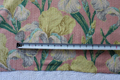 Vintage IRIS Floral Barkcloth Fabric Piece, 29.5" x 23" inches, Mauve Pink Rose & Old Fashioned Yellow Blooms, Deconstructed Curtain Panel