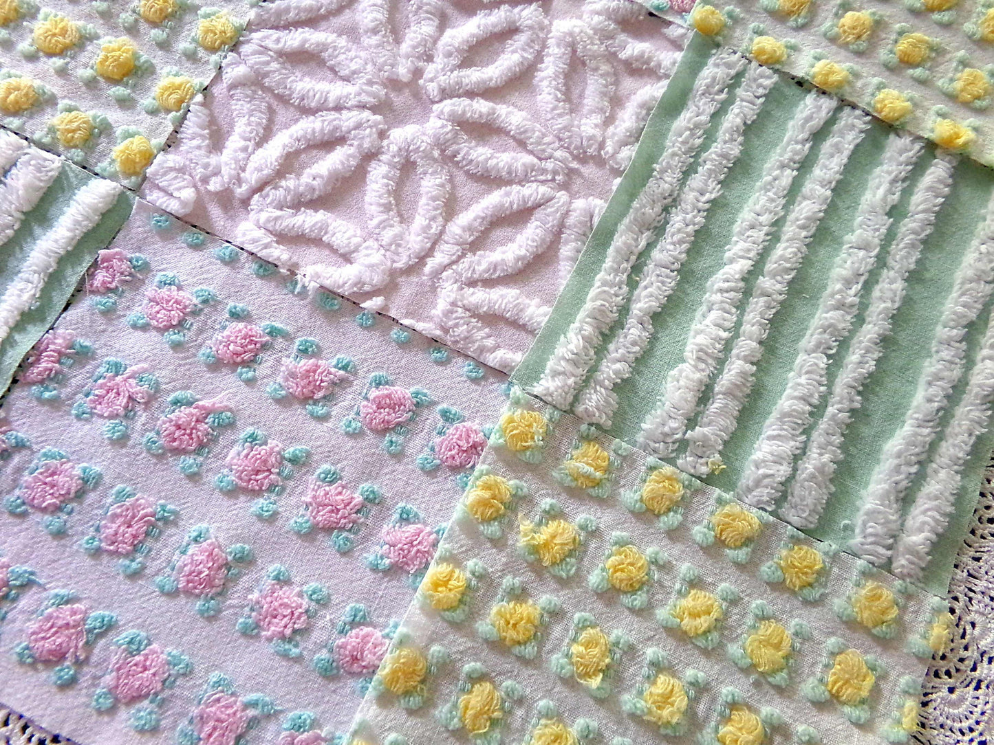 Chenille Squares Set, "Spring Bliss," 16 Vintage Fabric Quilt Blocks, 6" inch in White Daisy, Pink & Yellow Rosebud, Mint Green