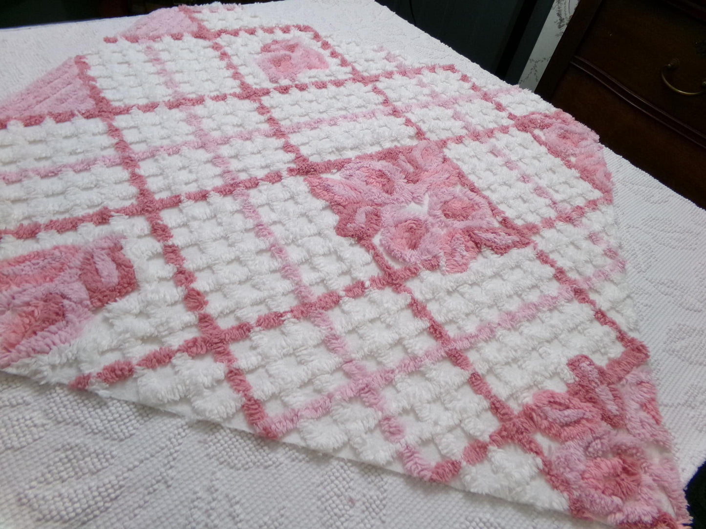 pink & white vintage chenille fabric, geometric rose floral design, 23" x 26" piece sewing material