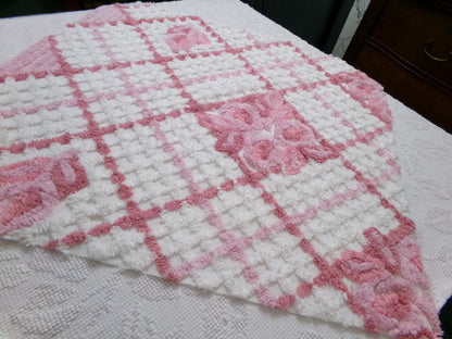pink & white vintage chenille fabric, geometric rose floral design, 23" x 26" piece sewing material