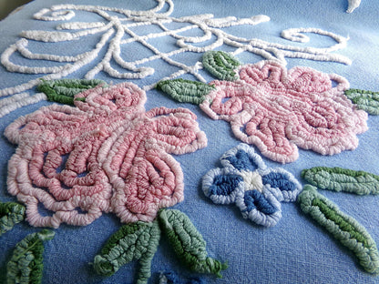 divine pink rose vintage chenille fabric, 17.5" x 32" inch piece, White Trellis & Scrollwork on Sky Blue Cotton, for Quilts, Pillows