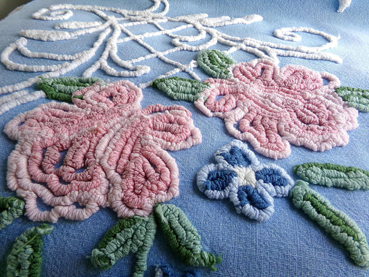 divine pink rose vintage chenille fabric, 17.5" x 32" inch piece, White Trellis & Scrollwork on Sky Blue Cotton, for Quilts, Pillows