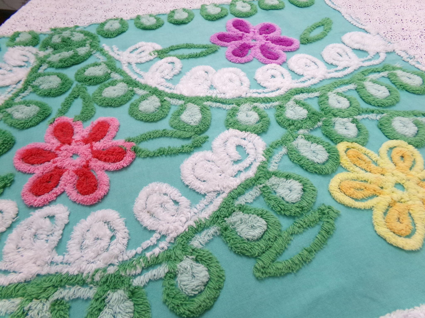 Vintage Green Chenille Fabric, Floral Swirl Design, 20x25" Piece