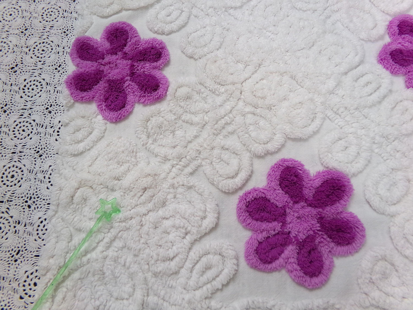 Snowy Violets Vintage Chenille Bedspread Fabric Purple & White 26 x 20" Piece