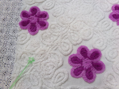 Snowy Violets Vintage Chenille Bedspread Fabric Purple & White 26 x 20" Piece
