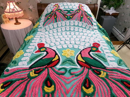 Green Peacock Vintage Chenille Bedspread, Full Size Pink Lovebirds & Swirls