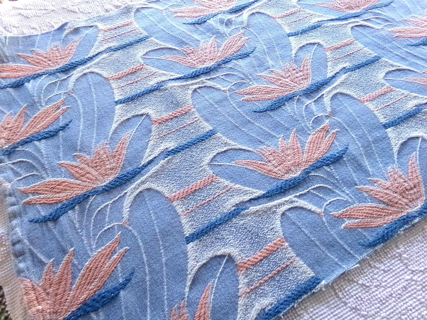 tranquil water lily vintage woven fabric piece, 21" x 32" inch reversible sewing material, calming blue & coral lilies
