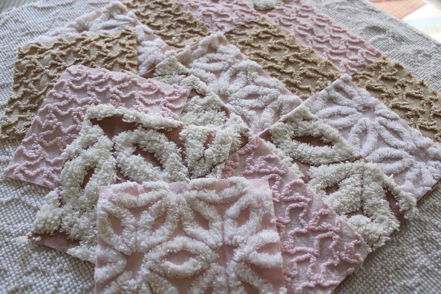 modern mocha pinks chenille fabric squares, set of 16 vintage quilt blocks 6" inches ea, daisy & squiggle texture