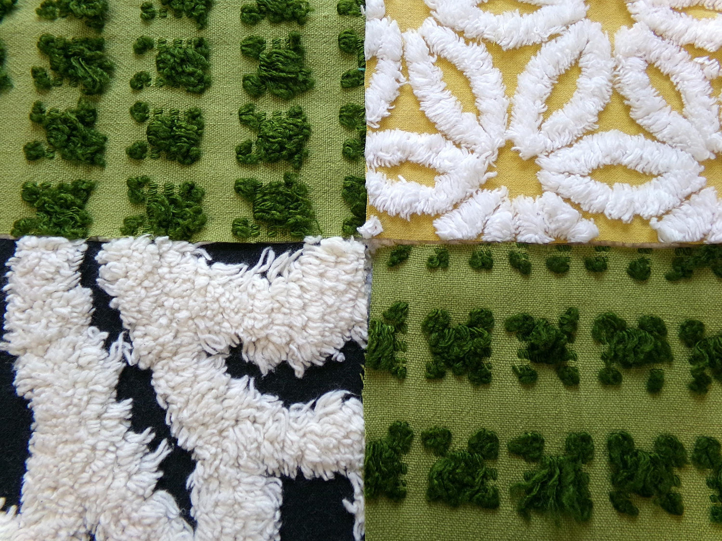 bewitching vintage chenille fabric squares, set of 16 black, green & gold 6" quilt blocks for crafts, sewing, diy pillow covers