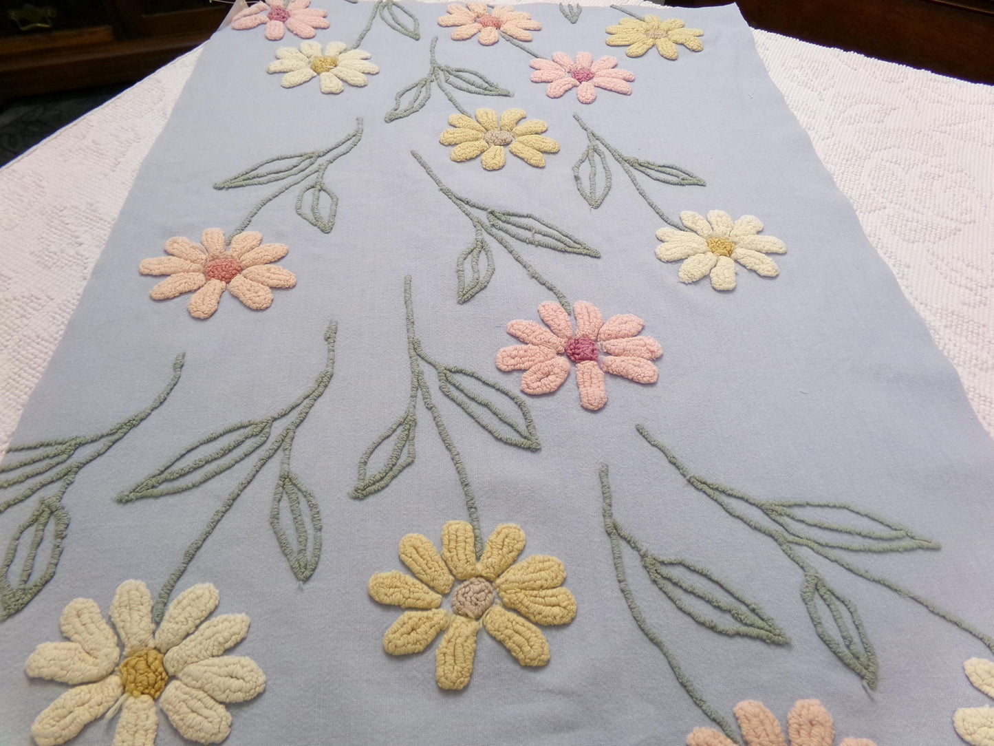 Scattered Daisies Vintage Chenille Bedspread Fabric, Shabby Blue Sewing Material, 19" x 25"