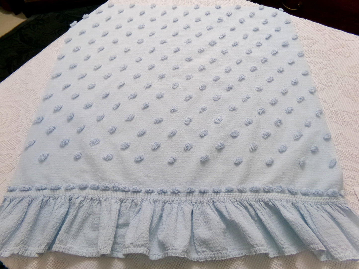 powder blue vintage chenille fabric, tufted dots on cotton seersucker, 22" x 23" piece