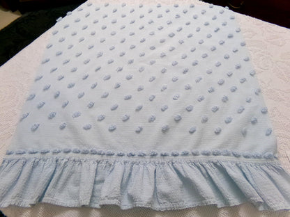 powder blue vintage chenille fabric, tufted dots on cotton seersucker, 22" x 23" piece