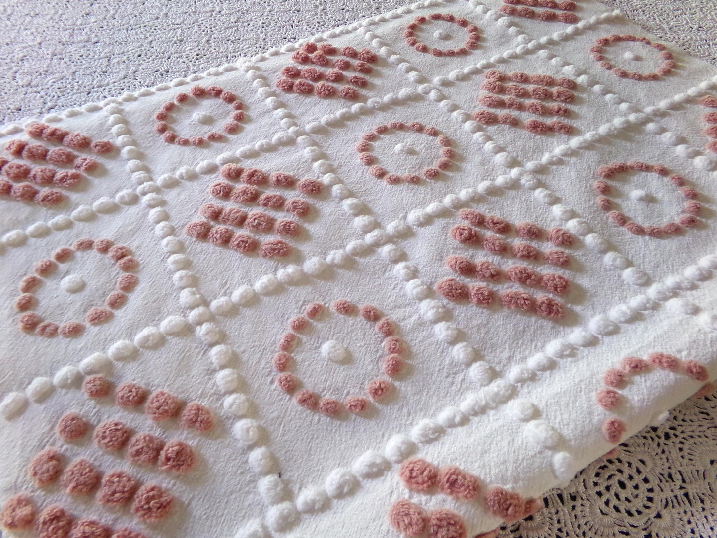 Checkerboard Circle Square Pops Chenille Fabric, 26" x 19" piece, Handmade Vintage Textile for Quilting, DIY Pillows, Fiber Arts & Crafts