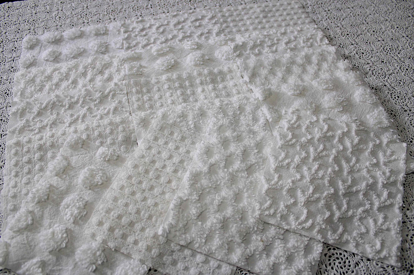 white chenille fabric squares in great textures, coin dots, lattice, mini pop sparkle & squiggles, 16 vintage quilt blocks, 6" x 6" ea