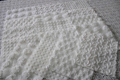 white chenille fabric squares in great textures, coin dots, lattice, mini pop sparkle & squiggles, 16 vintage quilt blocks, 6" x 6" ea