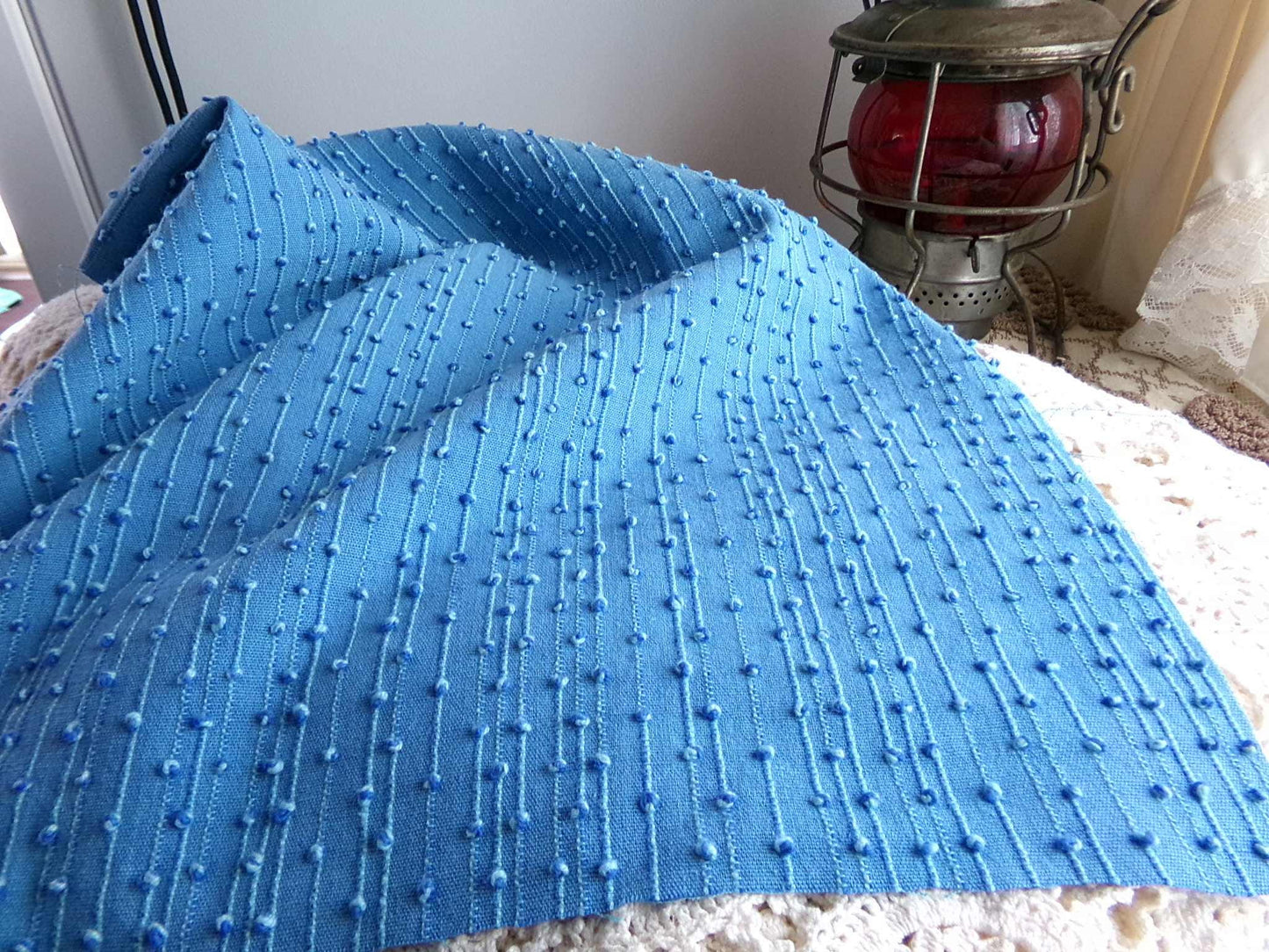 baby raindrops vintage woven chenille fabric, tiny marbleized raised blue dots, 18 x 24"