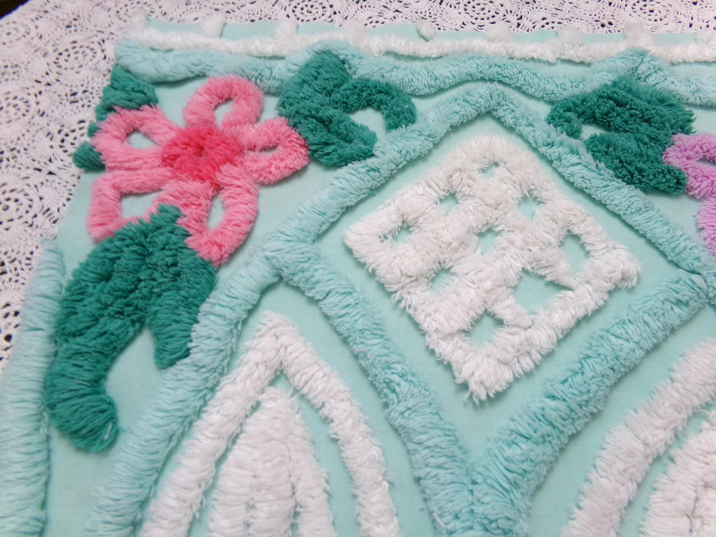Breezy Fresh Aqua Vintage Chenille Fabric Cathedral Stripe Floral 16x20" Shabby Chic