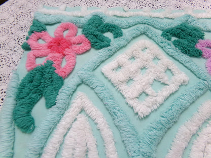 Breezy Fresh Aqua Vintage Chenille Fabric Cathedral Stripe Floral 16x20" Shabby Chic