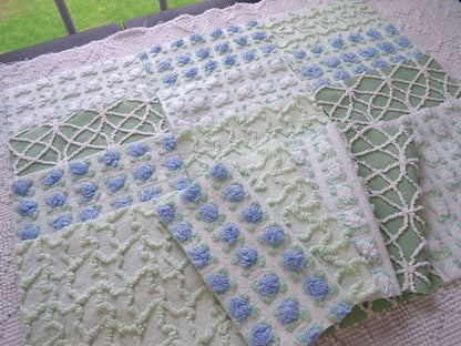 coastal wanderings vintage chenille fabric squares, 16 vintage 6" quilt blocks in natural green & white for sewing, crafts, fiber arts