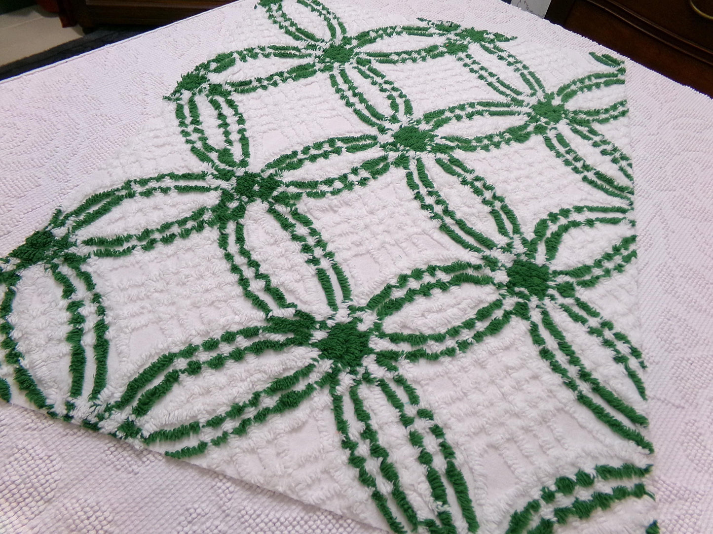 Vintage Green White Chenille Fabric Piece, Interlocking Geometric 18x24" Quilt Material