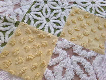 Vintage Patchwork Chenille Fabric Craft Panel - Hippie Boho Style 16" square ideal for Pillows, Quilting, Wall Hangings