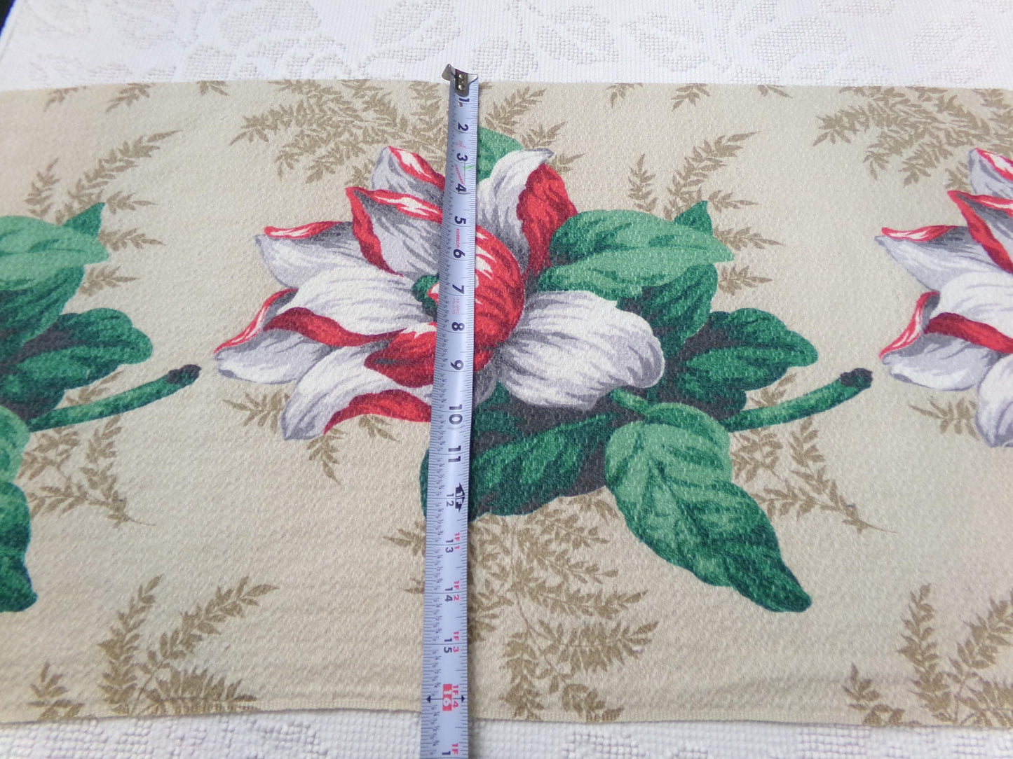 Vintage Barkcloth Fabric 16x27" Floral Magnolia Bloom Red White Green Tan