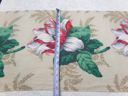 Vintage Barkcloth Fabric 16x27" Floral Magnolia Bloom Red White Green Tan
